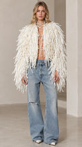 Women's Pearl Embellished Shaggy Fringe Open Front Statement Jacket