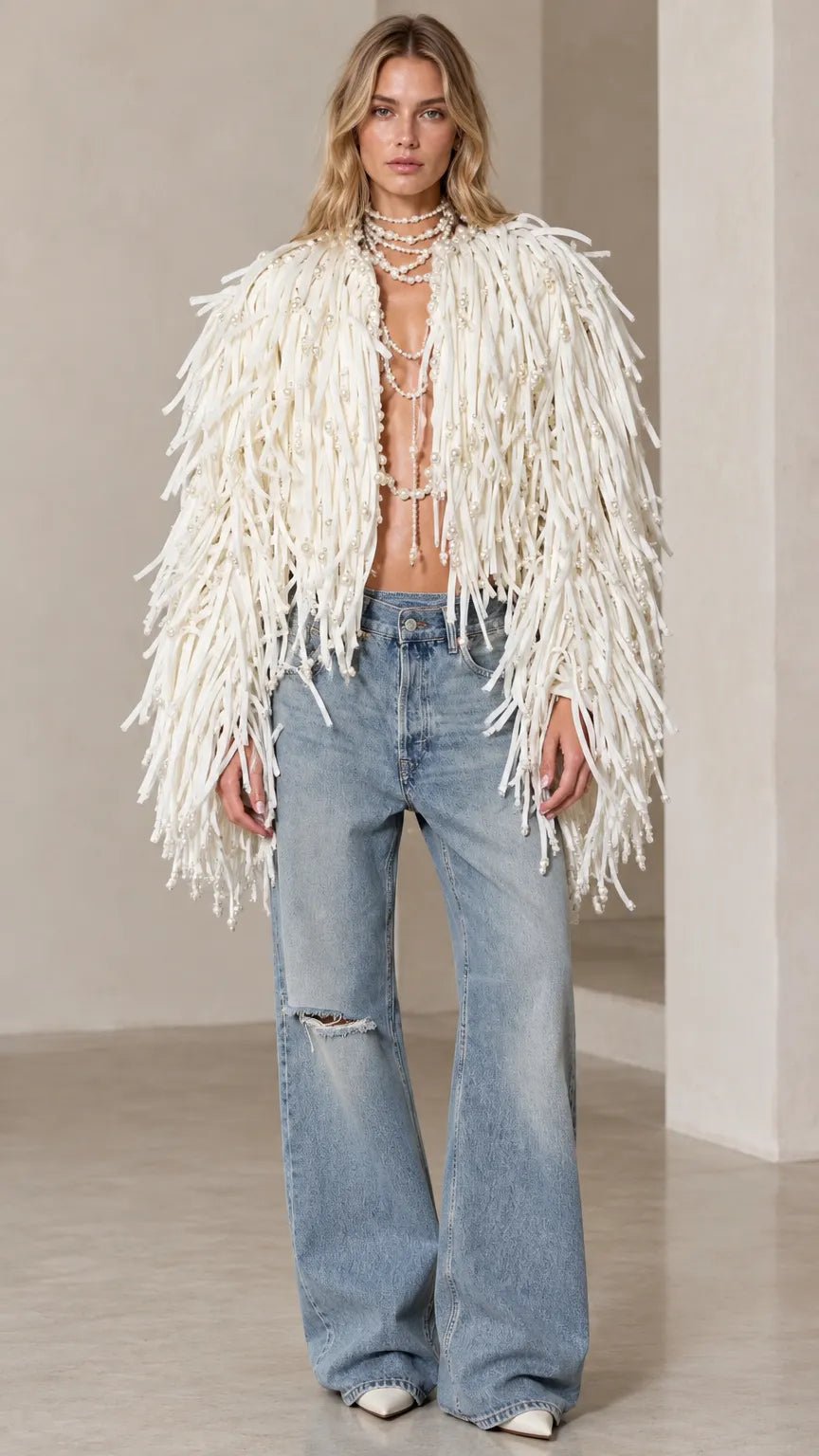 Women's Pearl Embellished Shaggy Fringe Open Front Statement Jacket