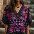 Day Of The Dead Glitter Purple Roses Sugar Skull Embroidered Linen Shirt