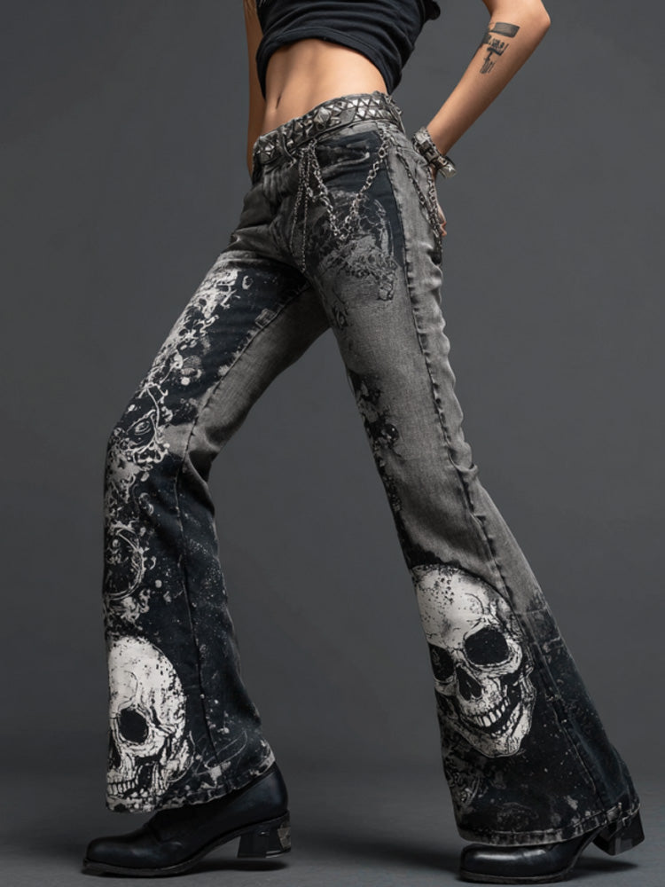 Vintage Rock Skulls Cross Studded Patchwork Bootcut Jeans