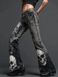 Vintage Rock Skulls Cross Studded Patchwork Bootcut Jeans