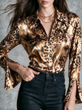 Vintage Brown Luxury Shiny Satin Leopard Blouse With Split Sleeve