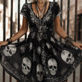 Skull Flower Print Embroidered V-neck Retro Black Short Sleeved A-line Short Skirt