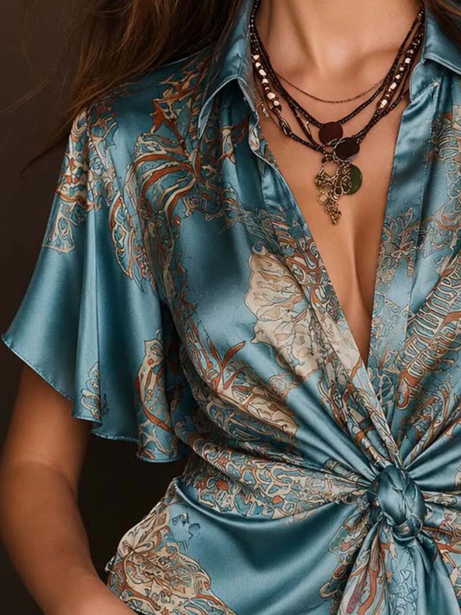 Collared Flutter Sleeve Paisley Print Satin Front Tie Knot Blouse