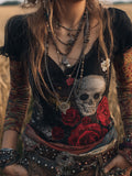 Women's Flower-skull Black Vintage Short-sleeved Shirt