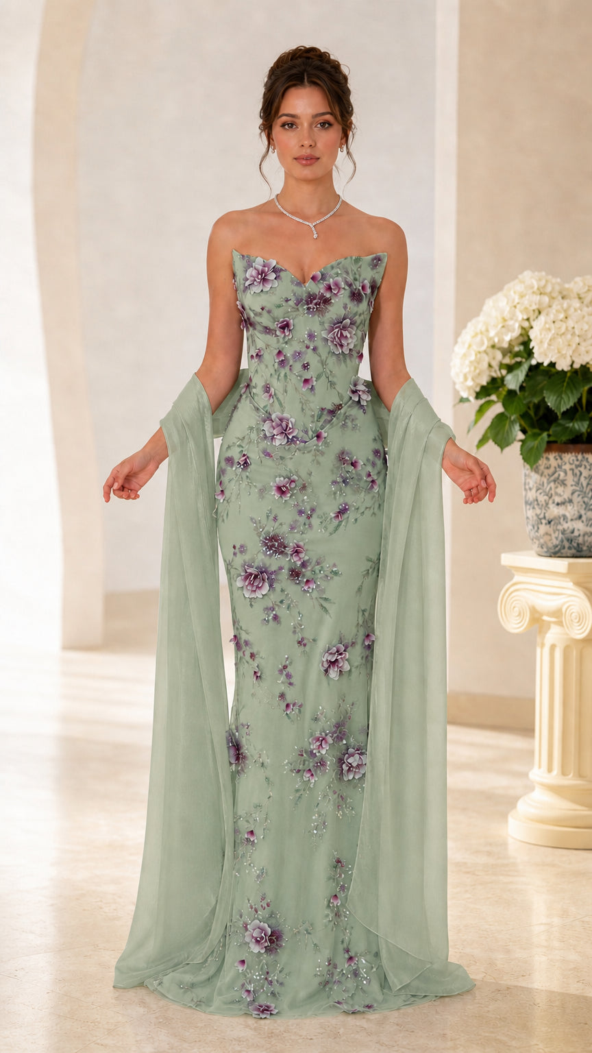 Strapless 3D Floral Embroidered Evening Gown with Sheer Wrap