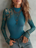 Retro Mock-Neck Ribbed T-Shirt With Asymmetric Lace Paneling