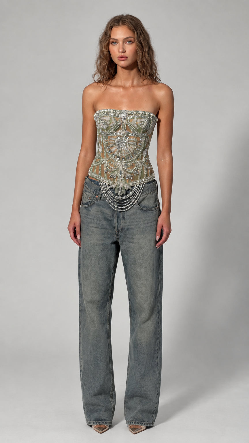 Pearl & Rhinestone Embellished Strapless Corset Top with Beaded Fringe Hem