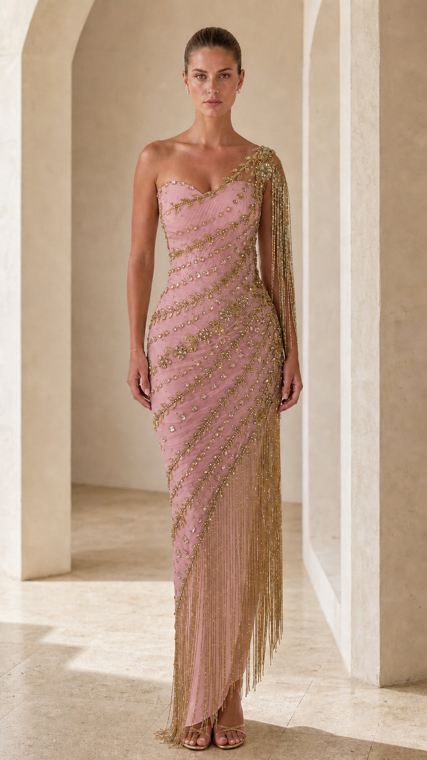 One-Shoulder Beaded Fringe Evening Gown with Metallic Leaf Embroidery