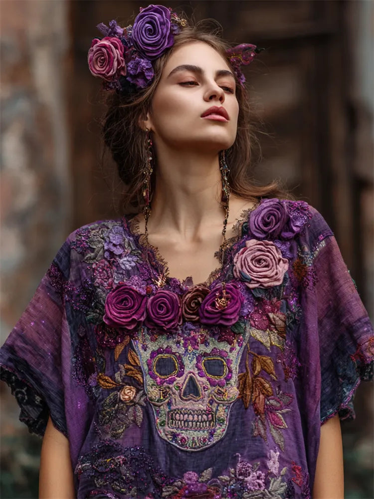 Day Of The Dead Purple Roses Sugar Skull Embroidered Fiber Art Linen Shirt