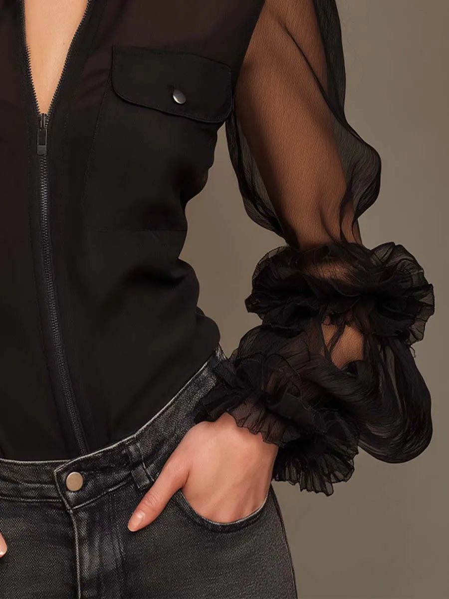 Collared Zip Front Pocket Sheer Ruffle Cuff Long Sleeve Blouse