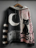 Halloween Black Cat & Moon Contrast Patchwork Cozy Knit Hooded Sweater