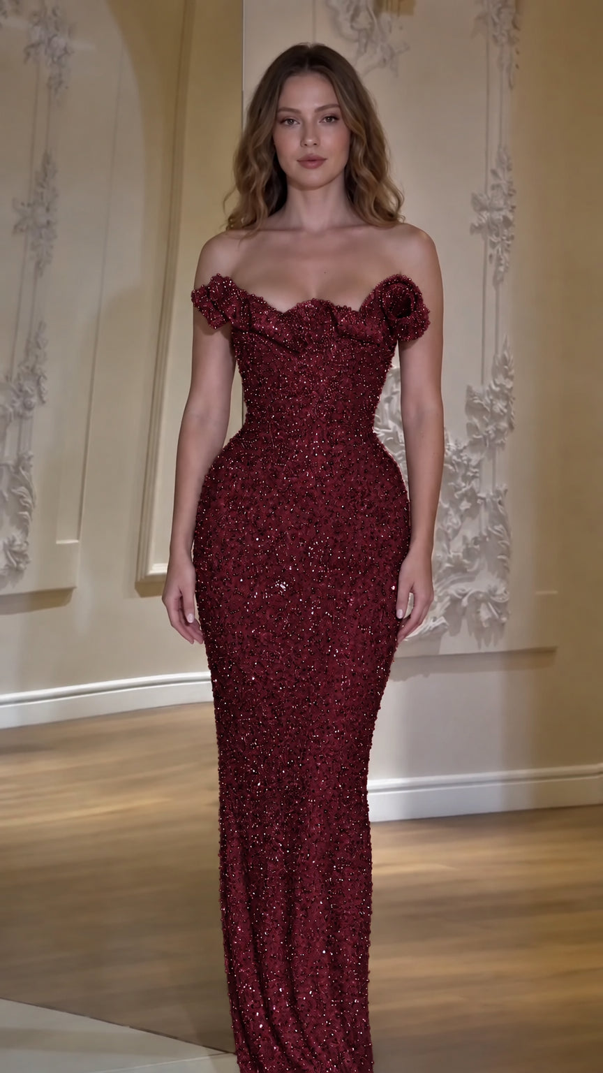 Off-The-Shoulder Beaded Rosette Evening Gown