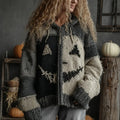 Halloween Pumpkin Face Patchwork Art Cozy Knit Hooded Cardigan