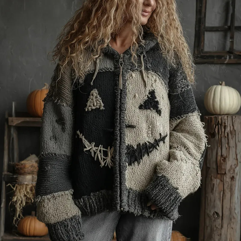 Halloween Pumpkin Face Patchwork Art Cozy Knit Hooded Cardigan