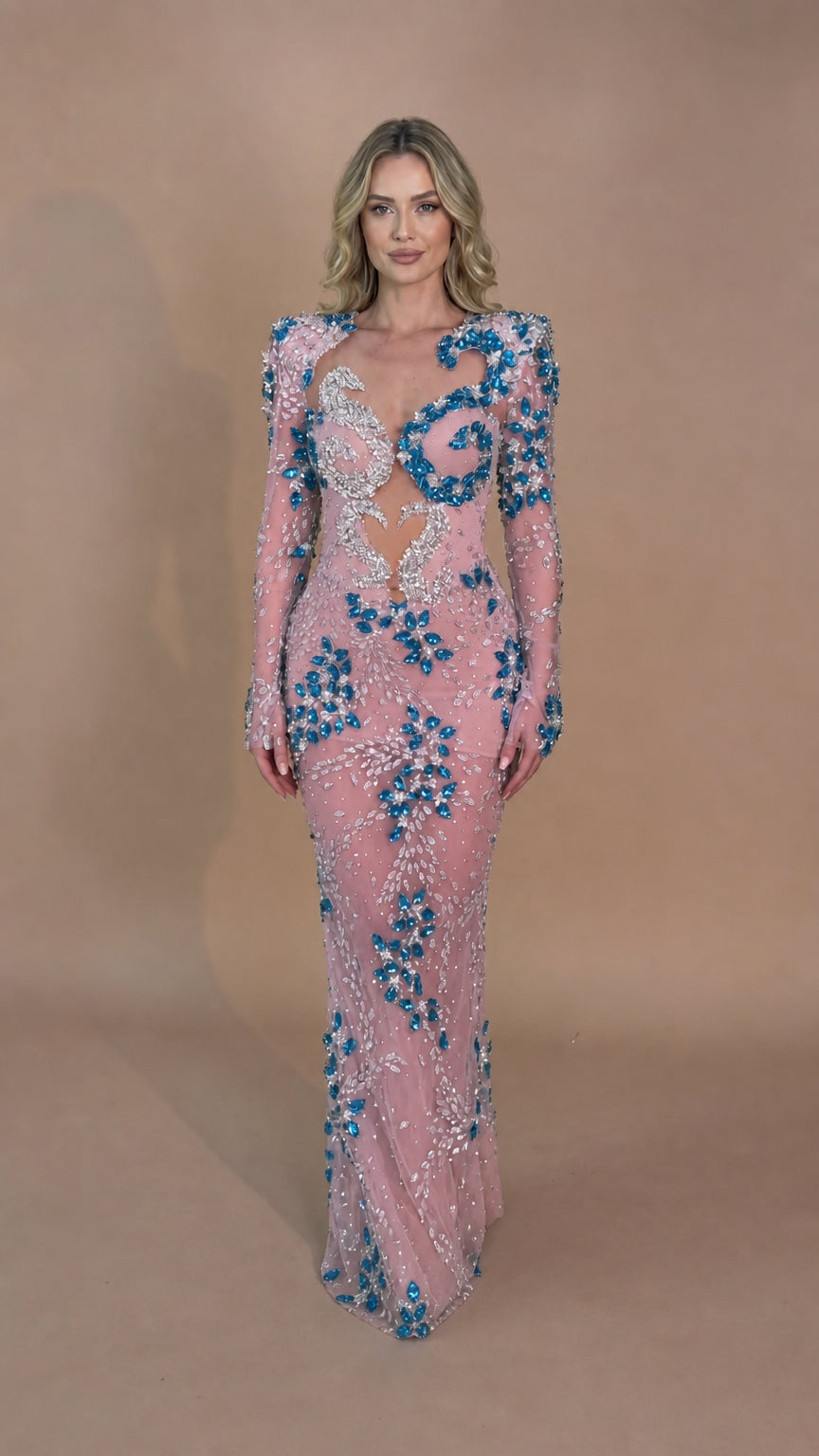 Rhinestone Embellished Illusion Long Sleeve Maxi Gown with Cutout Back