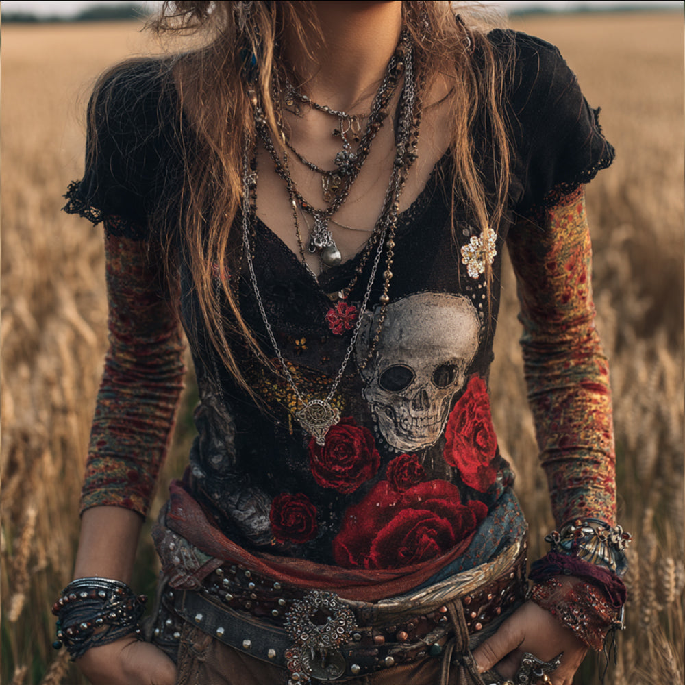 Women's Flower-skull Black Vintage Short-sleeved Shirt