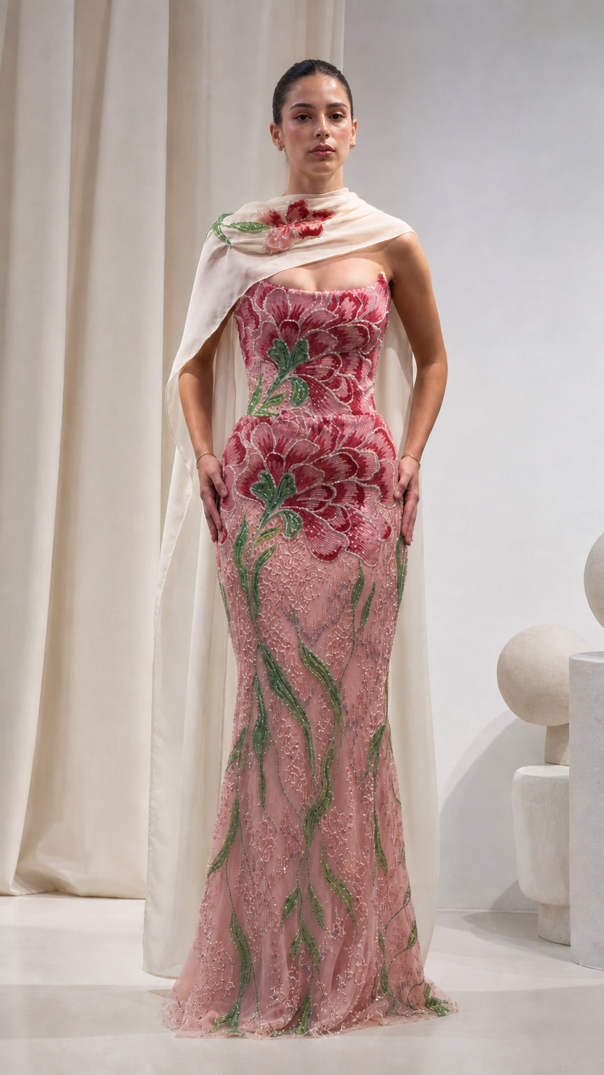 Floral Beaded Strapless Mermaid Evening Gown with Draped Cape