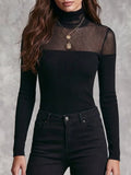 Quiet Luxury Black Sheer Mesh Turtleneck Knit Slim Long Sleeve Top