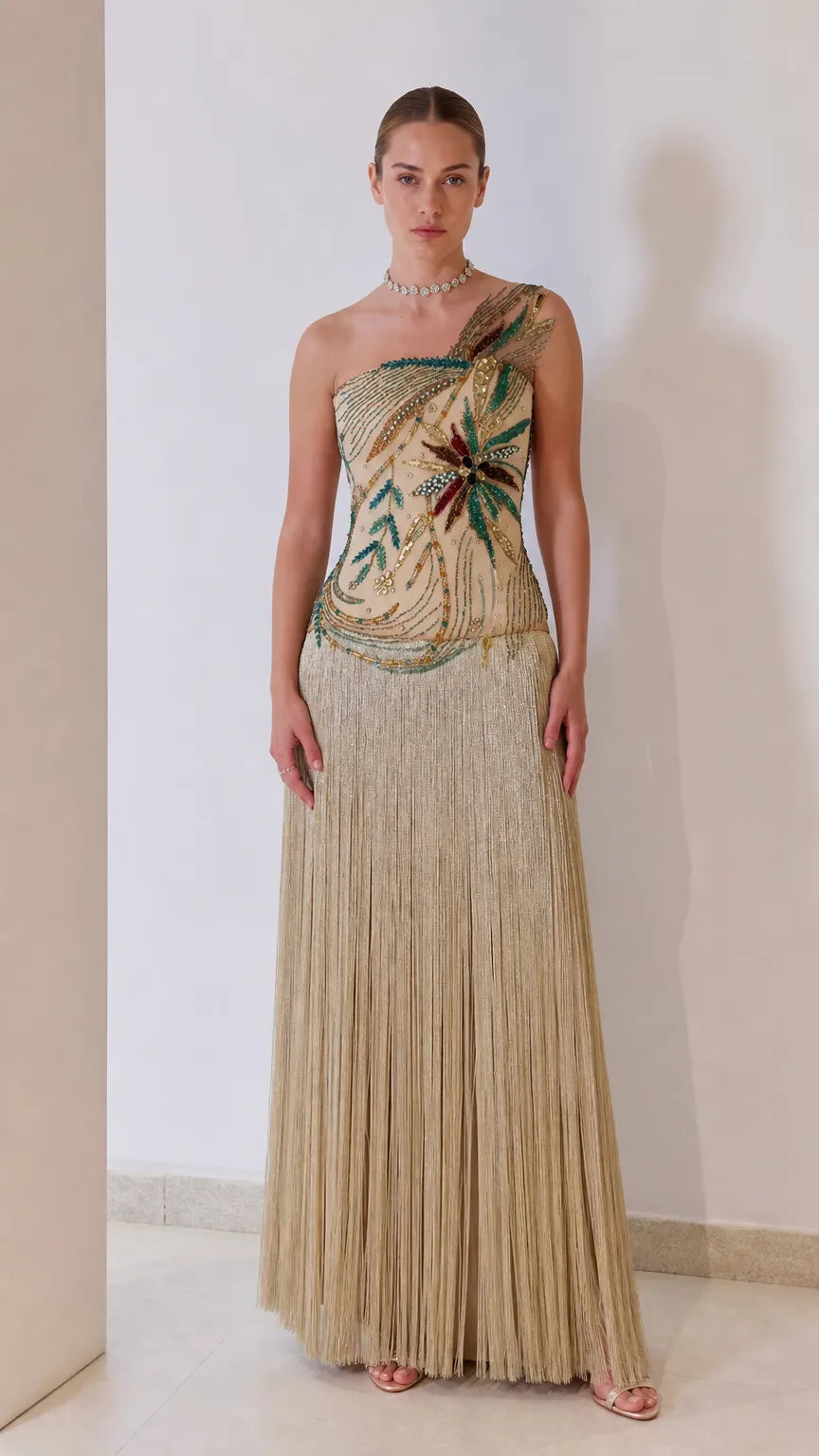 One-Shoulder Beaded Corset Fringe Maxi Evening Gown