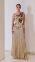 One-Shoulder Beaded Corset Fringe Maxi Evening Gown