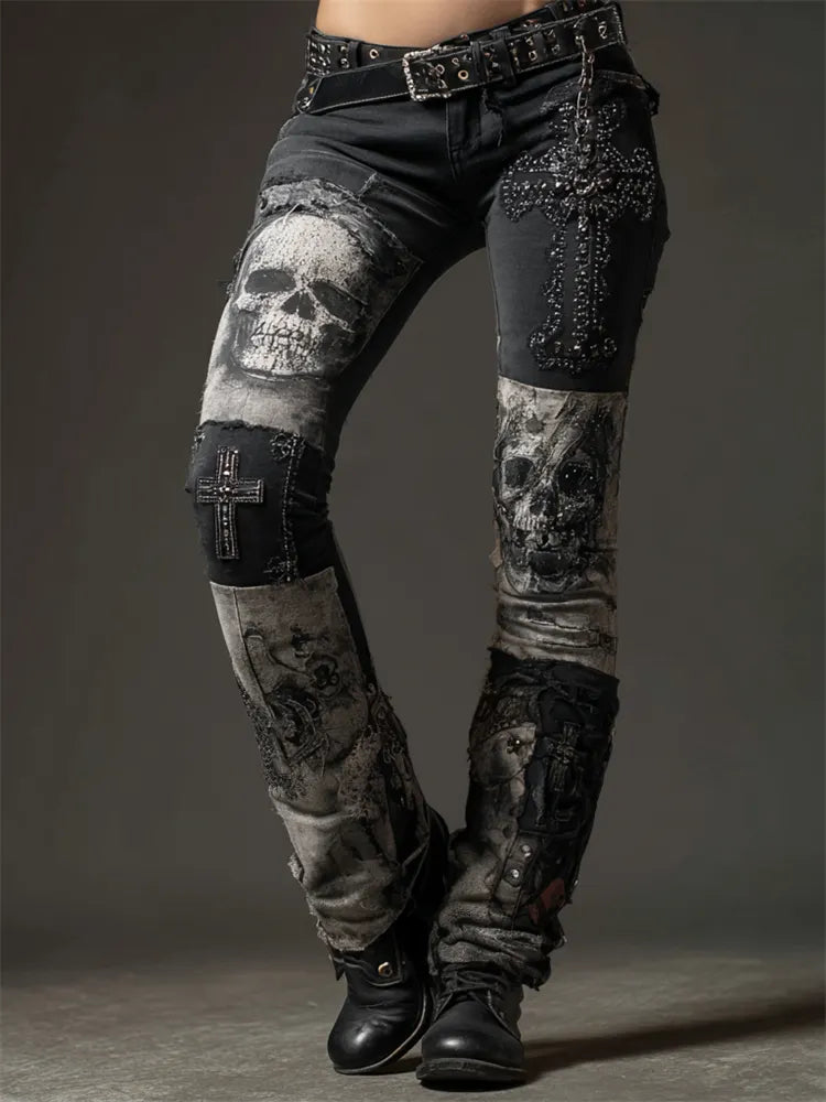 Rock Style Skulls & Cross Patchwork Studded Bootcut Jeans