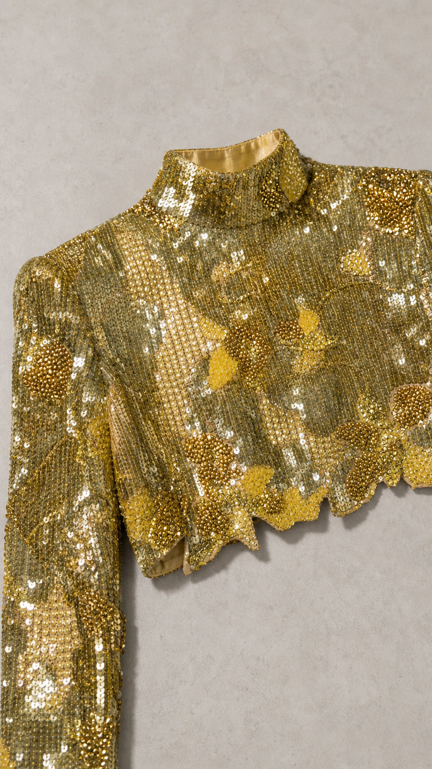 High Neck Sequin Cropped Top with Scalloped Hem