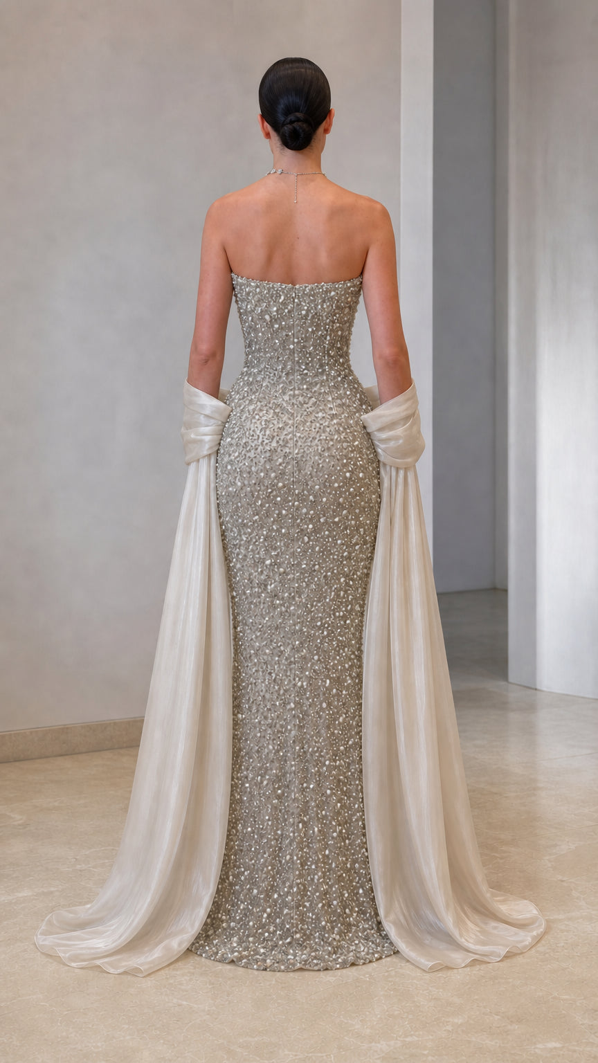 Strapless Pearl Embellished Evening Gown with Draped Shawl Train