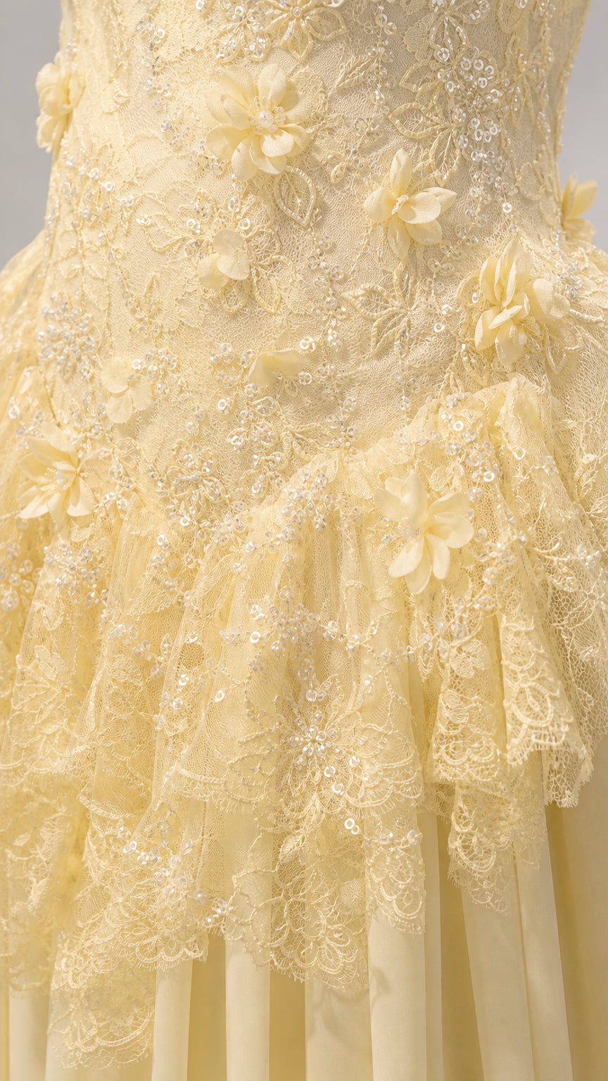 Strapless Floral Appliqué Corset Evening Gown with Tiered Lace Tulle Skirt