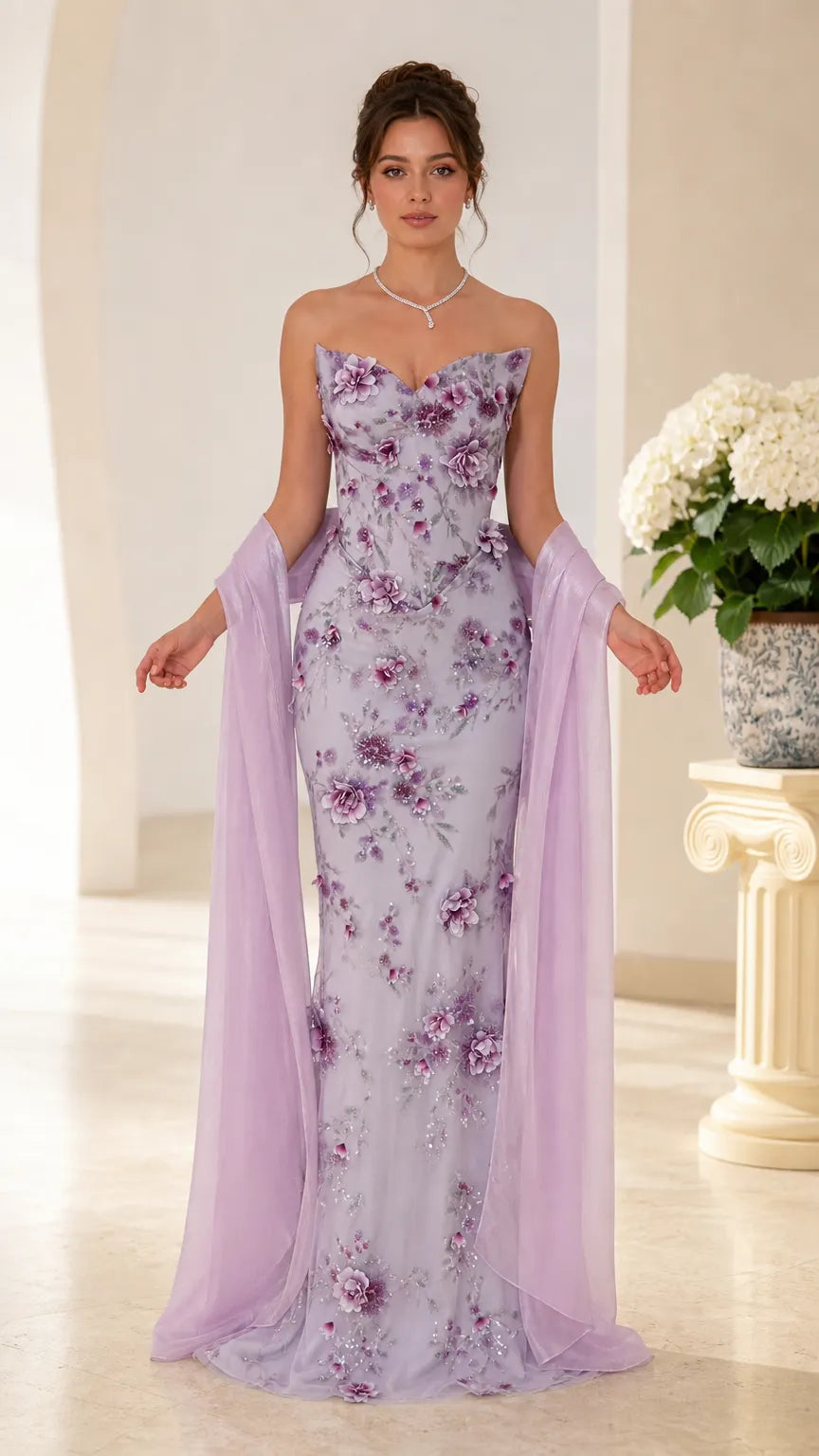 Strapless 3D Floral Embroidered Evening Gown with Sheer Wrap