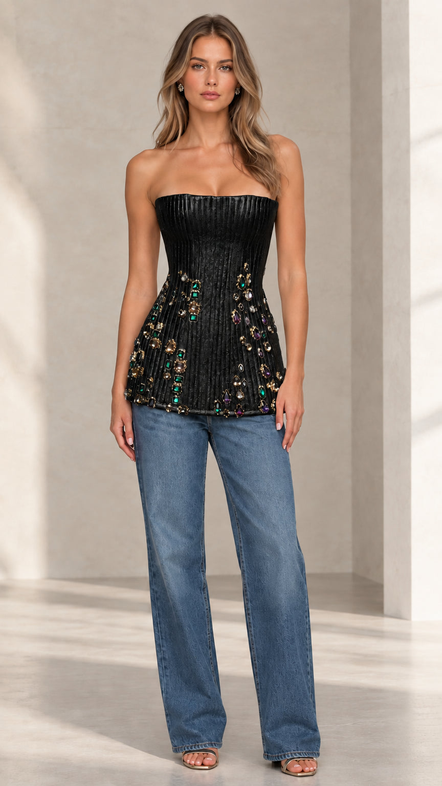 Strapless Metallic Pleated Embellished Corset Top