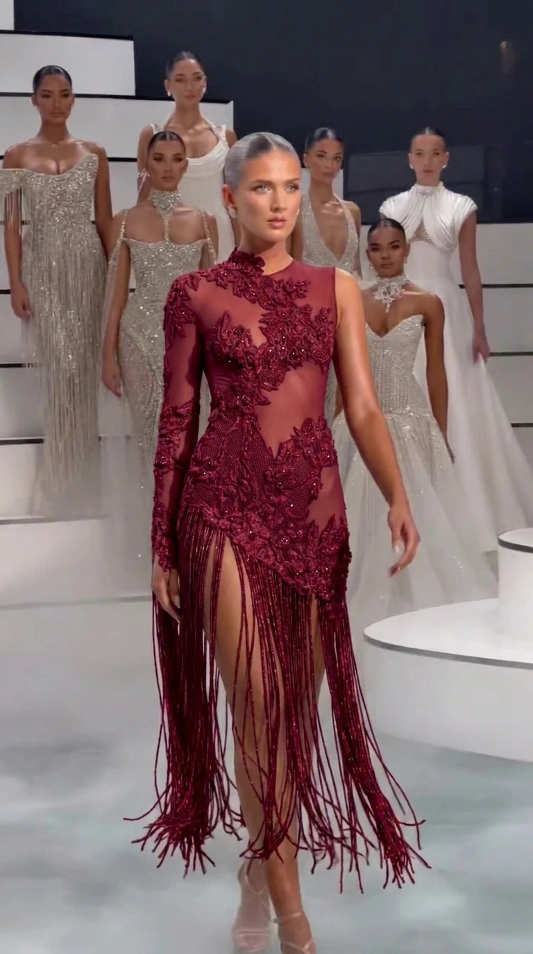 Asymmetric Embroidered Lace Cutout Fringe Evening Maxi Dress