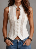 Retro Elegant White Lace Inserts Button-Front Tailored Vest