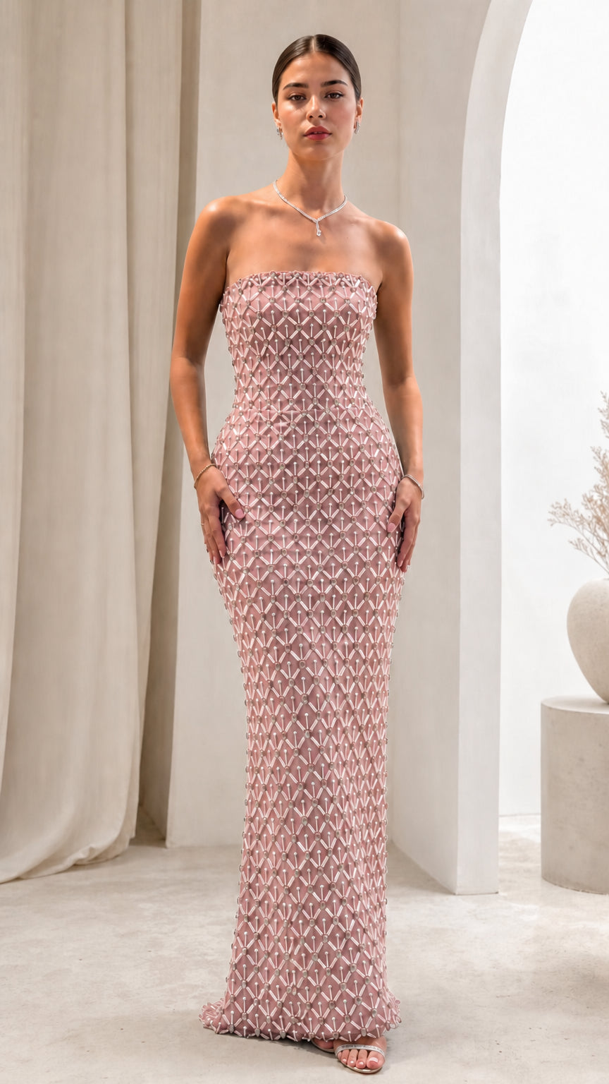 Strapless Beaded Column Maxi Evening Gown