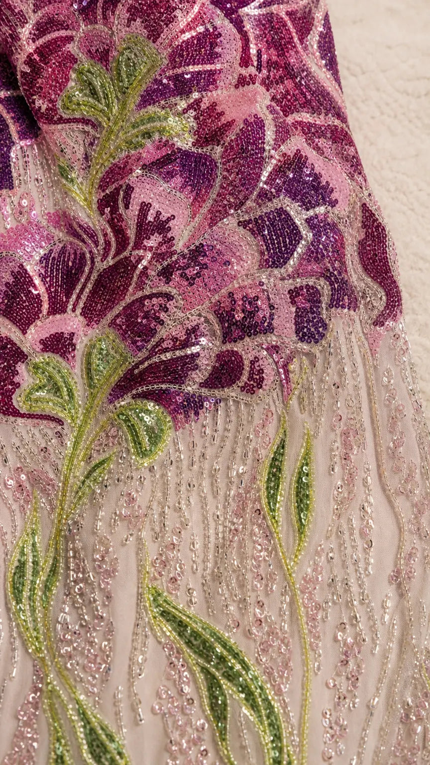 Strapless Floral Beaded Evening Gown with Matching Chiffon Cape Scarf