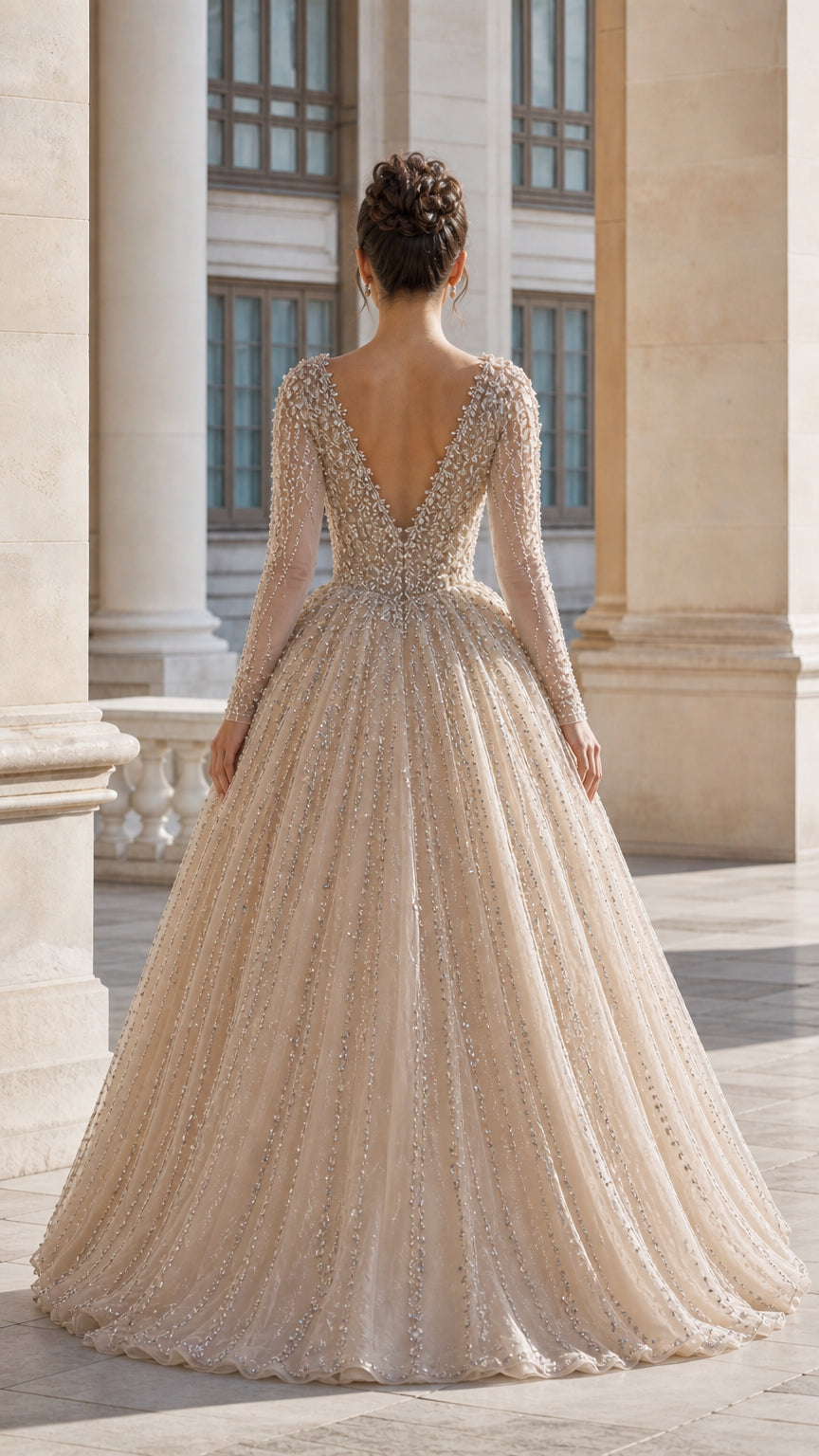 Deep V-Neck Beaded Long Sleeve Tulle Ball Gown Evening Dress