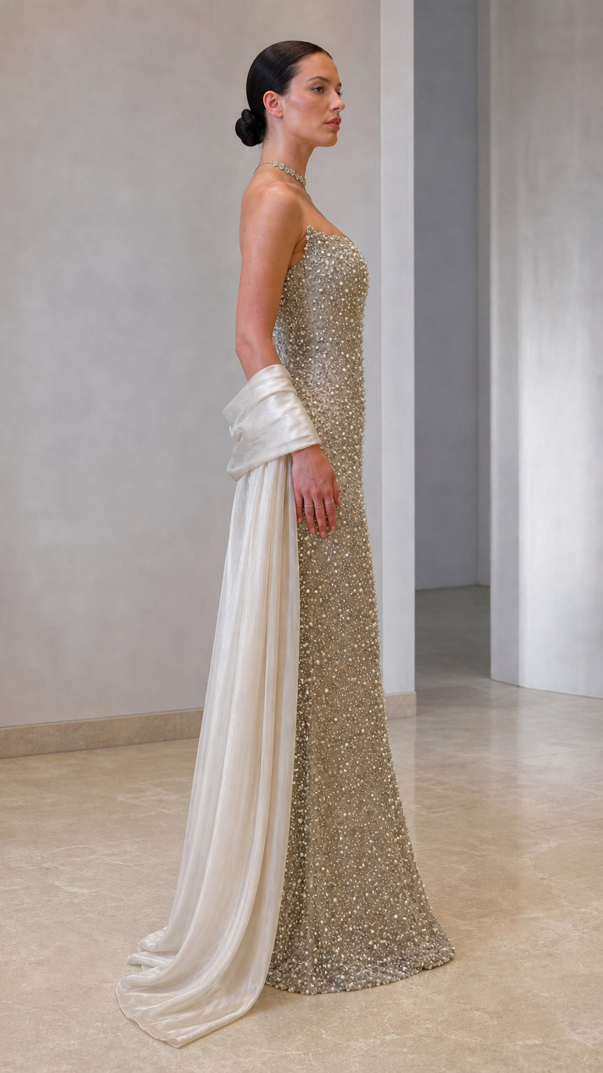 Strapless Pearl Embellished Evening Gown with Draped Shawl Train