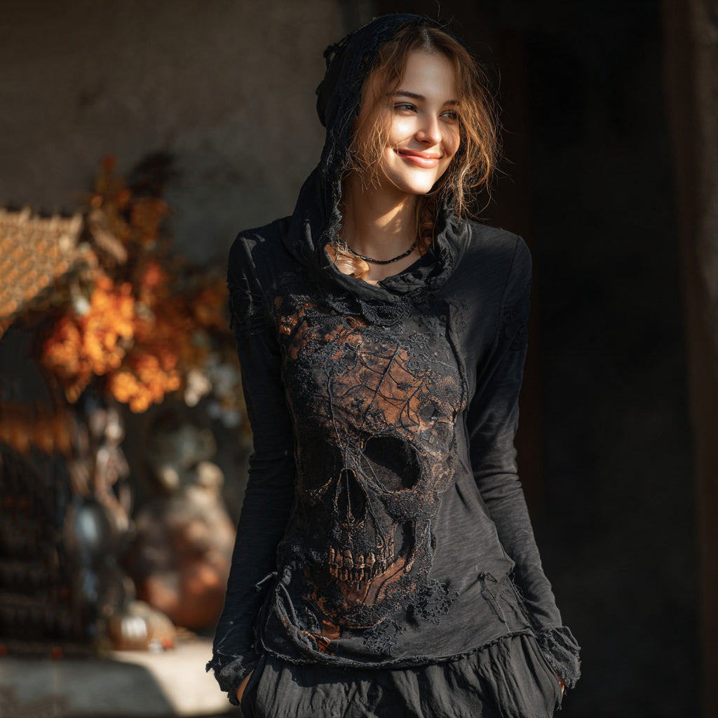 Halloween Dark Skull And Spider Web Pattern Women's Hooded T-shirt