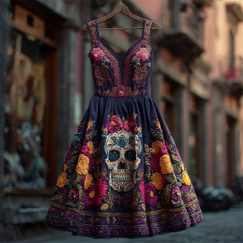 Day Of The Dead Sugar Skull Floral Embroidered Linen Dress