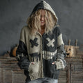 Halloween Spooky Face Patchwork Art Cozy Knit Hooded Cardigan