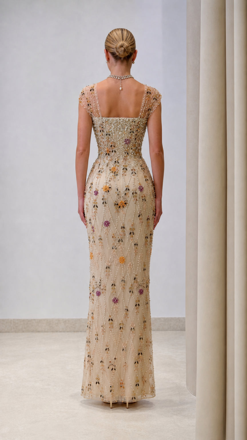 Floral Beaded Square Neck Column Evening Gown