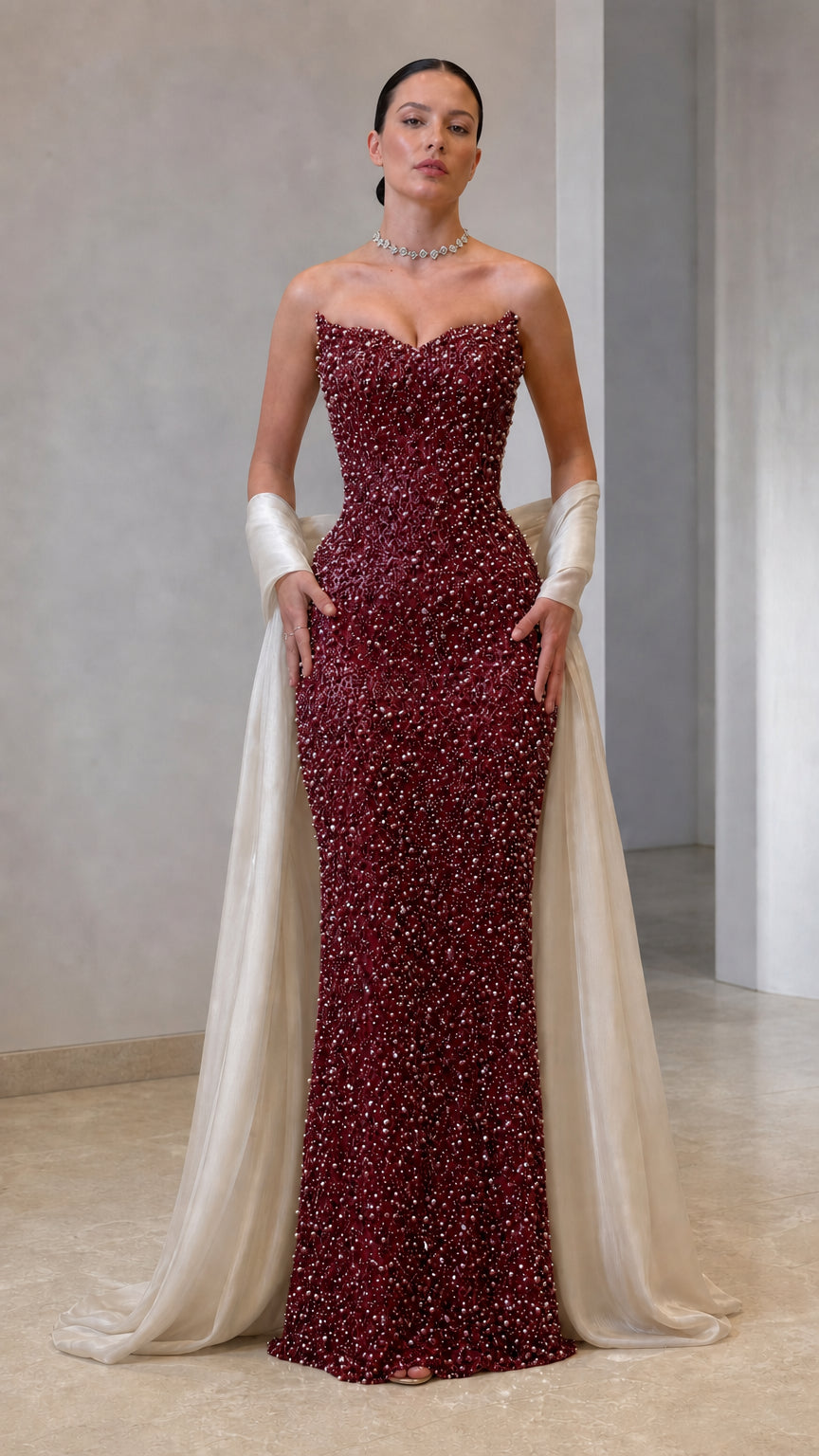 Strapless Pearl Embellished Evening Gown with Draped Shawl Train