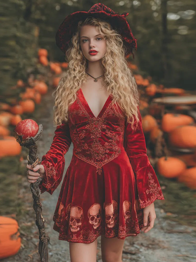 Women's Classic Velvet Halloween Skull Art Comfy Velvet Long Sleeve Mini Dress