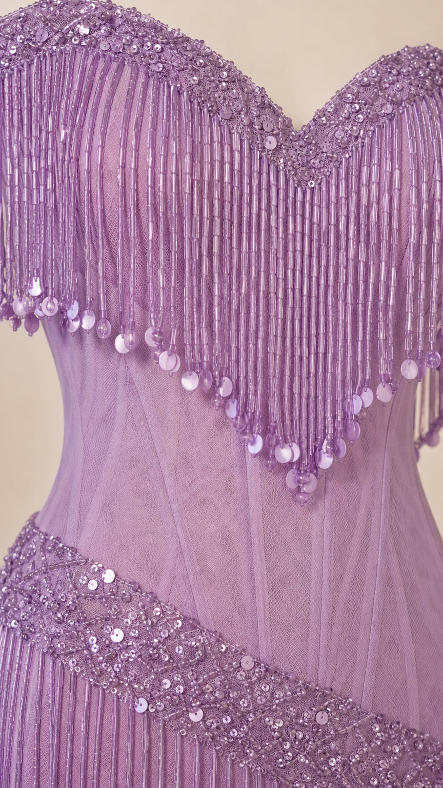 One-Shoulder Beaded Fringe Corset Evening Gown
