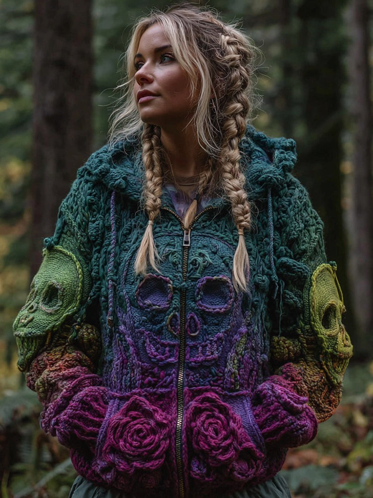Women's Vintage Viking Skull And Rose Gradient Knit Zip-up Hooded Sweater