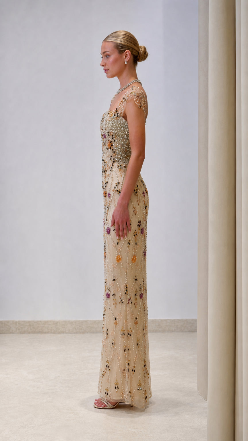 Floral Beaded Square Neck Column Evening Gown