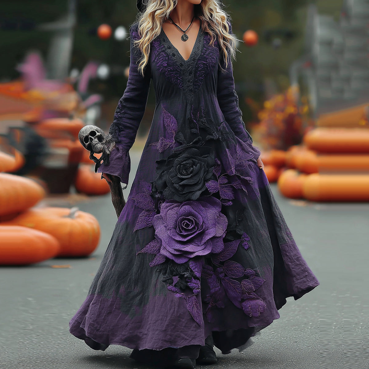 Women's Classic Halloween Purple Rose Art Comfy Linen Maxi Dress