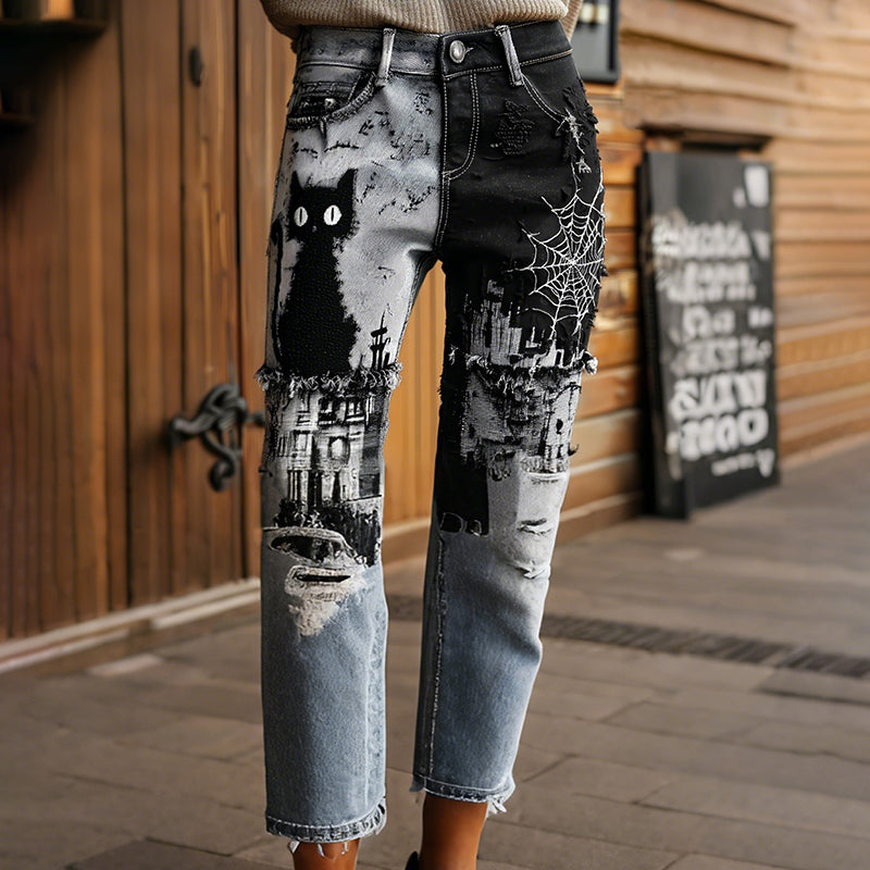 Women's Halloween Black Cats And Spider Web Patchwork Design Vintage Washed Jeans