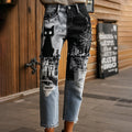Women's Halloween Black Cats And Spider Web Patchwork Design Vintage Washed Jeans