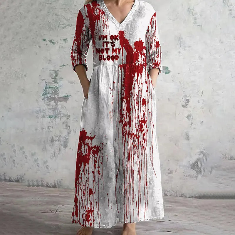 Women's  Blood Stains Print Cotton Graphic V-neck Dress